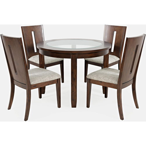 Urban Icon 5 Piece Round Dining Set in Merlot Wood, Glass & Grey Fabric